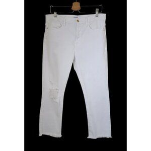 Frame Le Beau Crop White Distressed Jeans Cotton Blend w/ Raw Hem Women's Sz 28